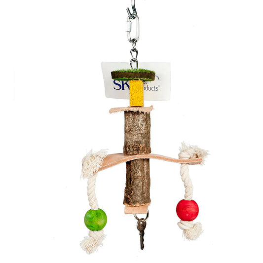 Wooden parrot toy with rope and key, front view 